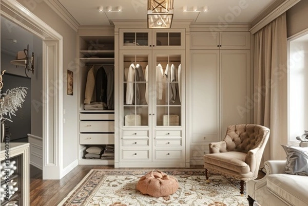 Fototapeta A spacious, modern walk-in closet with white cabinets, a plush armchair, and a large rug