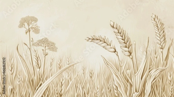 Fototapeta Wheat and Weeds in Field, Parable Illustration with Beige Background and Copyspace for Inspirational Quotes