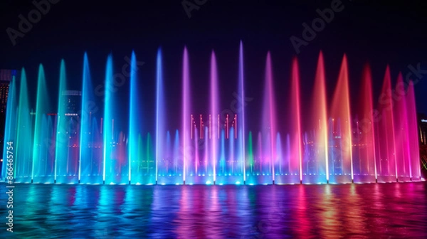 Fototapeta ''light and water show at Gardens by the Bay, synchronized with National Day music, spectacular and colorful'' 