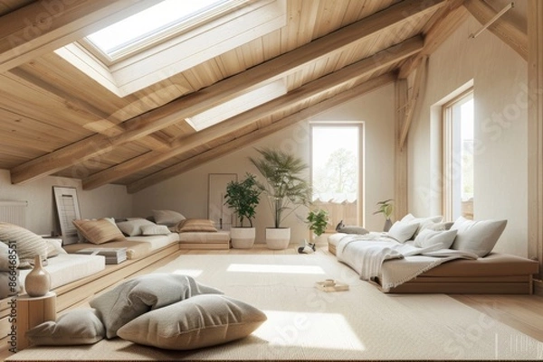 Fototapeta A bright and airy attic living room with wooden beams and skylights