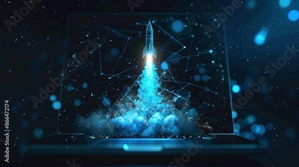 Fototapeta A rocket ship taking off from a laptop, symbolizing innovation, progress, and technological advancement.