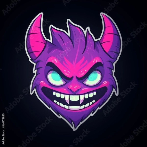 Fototapeta Angry Purple Monster with Glowing Eyes and Sharp Teeth on Black Background.  Ideal for Gaming, Esports, and Mascot Logo Designs.