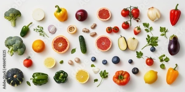 Fototapeta White background, marketing material, healthy food, fresh fruit and vegetables, simple, in neat and precise order