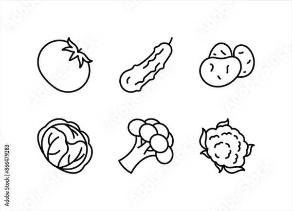 Obraz Tomato, cucumber, potatoes, cabbage, broccoli, cauliflower- vegetables line icon. Linear illustration. Ingredients for cooking. Icon set, thin stroke, editable line