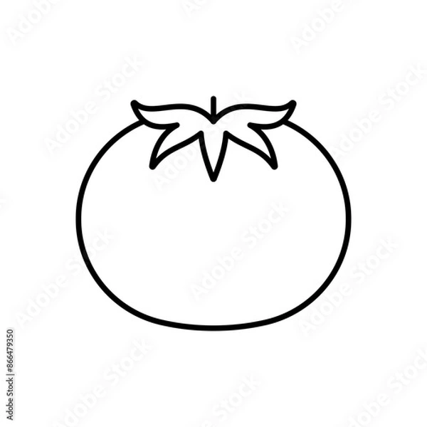 Obraz Tomato line icon. Linear illustration of big tomato with sepal leaves. Icon of a vegetable for a menu, a recipe, app, design. Vector sign, thin stroke, editable line.