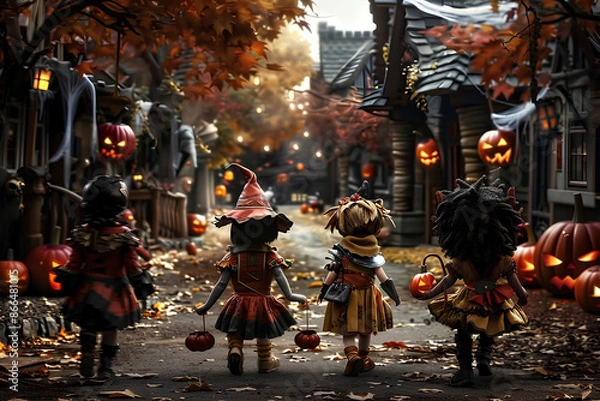 Fototapeta  Children trick-or-treating in a spooky village, Halloween decorations and costumes