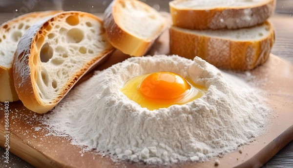 Fototapeta Egg yolk in a mound of flour, rustic bread loaves and crumbs, floured surface, homemade baking themes.