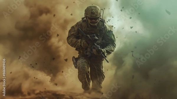 Fototapeta Military Soldier Running Through Dust and Smoke with Rifle in Hand During Combat