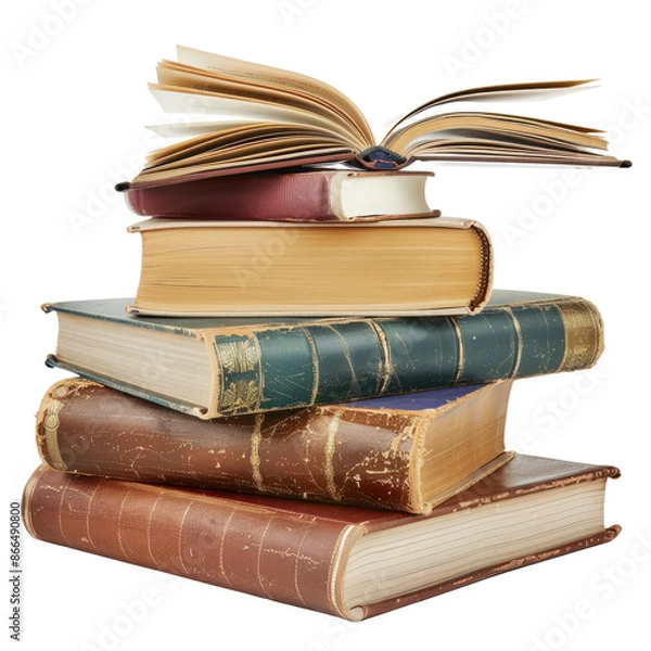 Fototapeta pile of books with one book open on white background