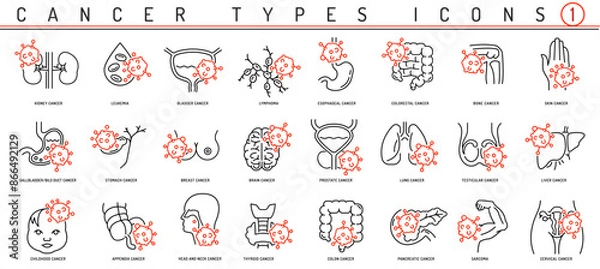 Fototapeta Cancer types icons. Tumor pictogram set. Osteosarcoma, lung cancer, lymphoma signs.