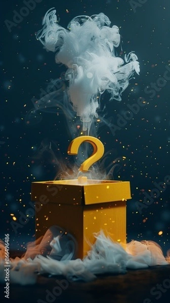 Fototapeta Mysterious box on a dark, misty background. A vibrant image a gift box with a luminous question mark