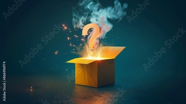 Fototapeta Mysterious box on a dark, misty background. A vibrant image a gift box with a luminous question mark