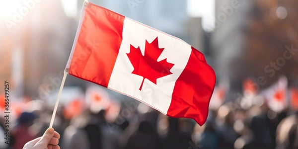Obraz Close-up of a hand holding a small Canadian flag, blurred background of a city street, celebrating crowd