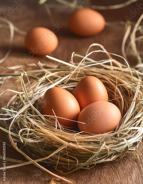 Fototapeta Brown eggs in a bird's nest, straw, on a rustic wooden table for farm-to-table and organic food concepts