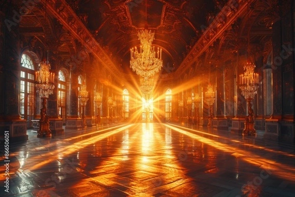 Fototapeta An opulent grand hall adorned with elaborate chandeliers is bathed in warm, golden light, creating a magnificent and regal atmosphere reminiscent of historical grandeur.