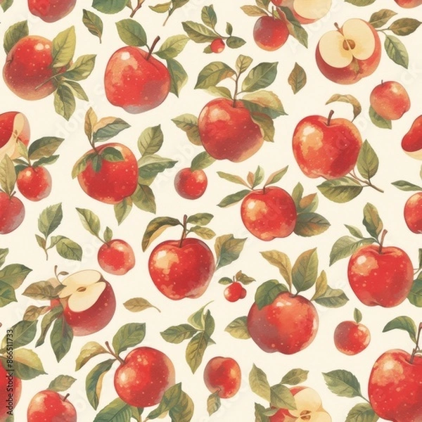 Fototapeta watercolor Juicy Apples, on vintage background, seamless repeating pattern, minimal pattern, high contrasty 
