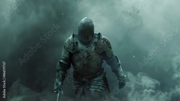 Fototapeta Armored Templar Knight Emerging Through Smoke in Battle