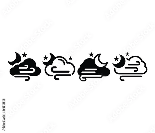 Fototapeta night windy cloud weather with moon icons symbol sign vector design black white color simple modern illustration collection set