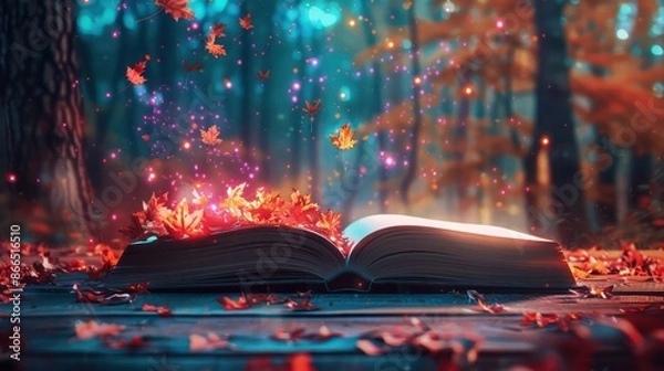 Fototapeta A book is open to a page with leaves falling from it. The leaves are scattered all over the page, creating a sense of magic and wonder