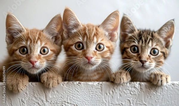 Fototapeta Three adorable orange tabby kittens peek over a blank banner, offering a space for pet adoption, shelter, rescue, and help info.