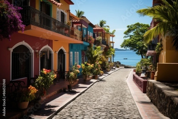 Fototapeta Arraial D'Ajuda Coastal charm with shops and restaurants by the sea., generative IA