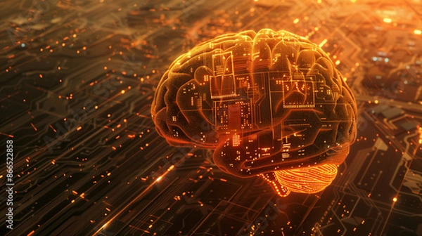 Fototapeta A digital image of a brain integrated with a microchip, symbolizing the fusion of artificial intelligence and human cognition.