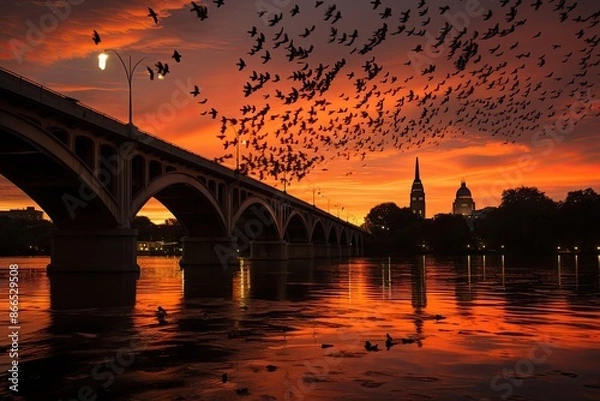 Fototapeta Magic sunset with bats at Austin's South Congress Bridge., generative IA