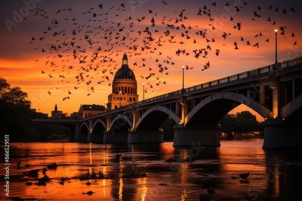 Fototapeta Magic sunset with bats at Austin's South Congress Bridge., generative IA