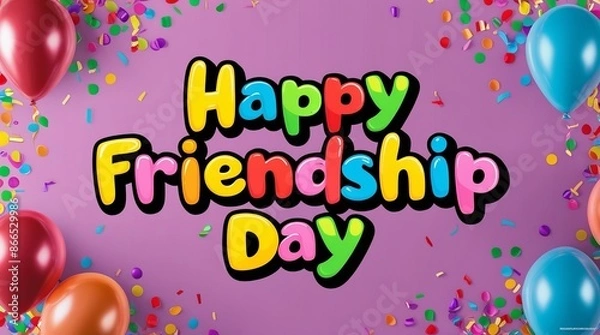 Fototapeta The text "Happy Friendship Day" in playful, bold letters surrounded by balloons and confetti