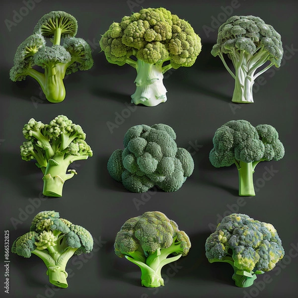 Fototapeta Collection of fresh green broccoli on a white background, top view. Banner design.