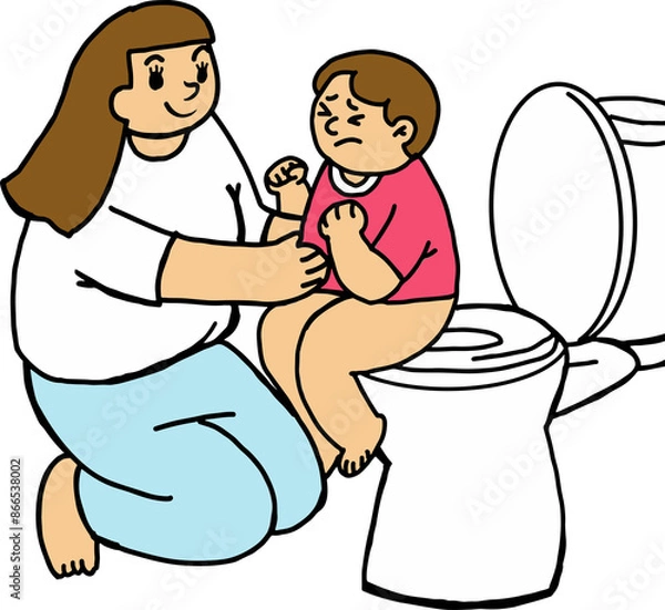 Obraz Cartoon mother teaching child to sit on the toilet There is a son sitting and pushing out his stool.
