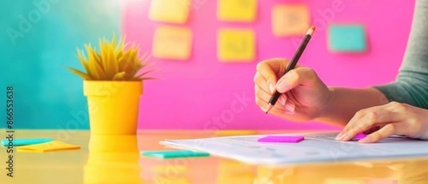 Fototapeta Studying and Planning, Hand writing with colorful notes and plant, Creative workspace