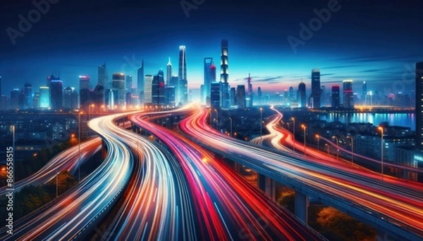 Fototapeta nighttime cityscape with a long exposure of the bustling traffic, showing streaks of light trails from moving vehicles on a highway