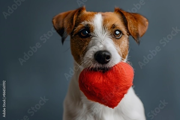 Fototapeta Adorable Jack Russell Terrier Holding Red Heart Shaped Plush in Mouth with Dark Grey Background, Symbolizing Love and Valentine's Day, Close-Up Pet Portrait