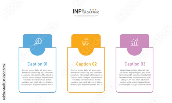 Fototapeta Business infographic template, flow chart with 3 options, strategic plan to define company value, project management schedule to create facts and statistics.