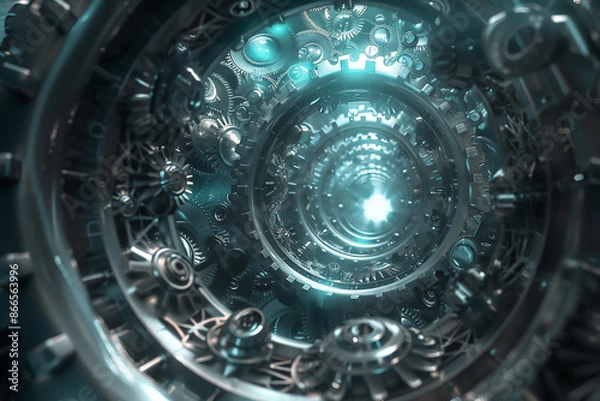 Obraz Luminous cosmic spirals intertwine with silver fractal gears in an abstract labyrinth.