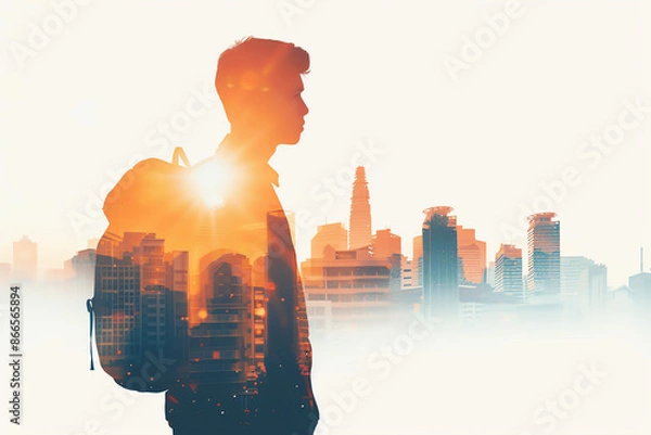 Fototapeta Student carrying a backpack, copy space, bright tones, double exposure silhouette with school building