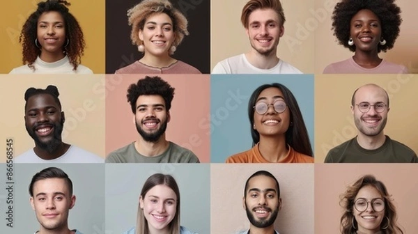 Fototapeta Young people working students communicating on a beige background in a virtual meeting and webinar template