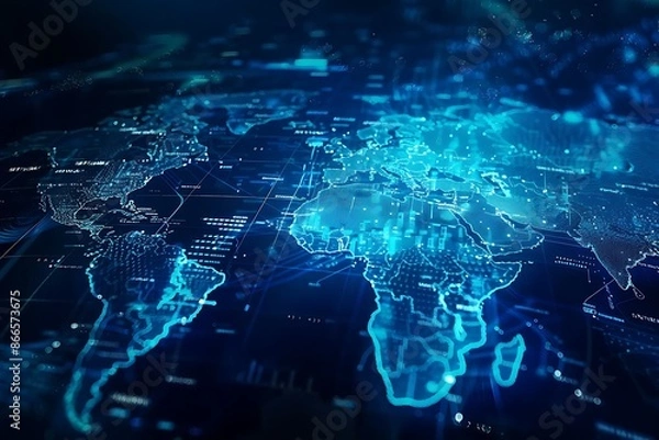 Fototapeta Futuristic Blue World Map Infographic, Big Data Visualization and Information Aesthetics