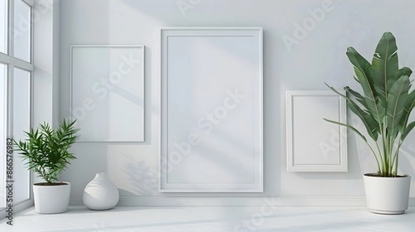 Fototapeta Serene pastel interior with floating picture frame