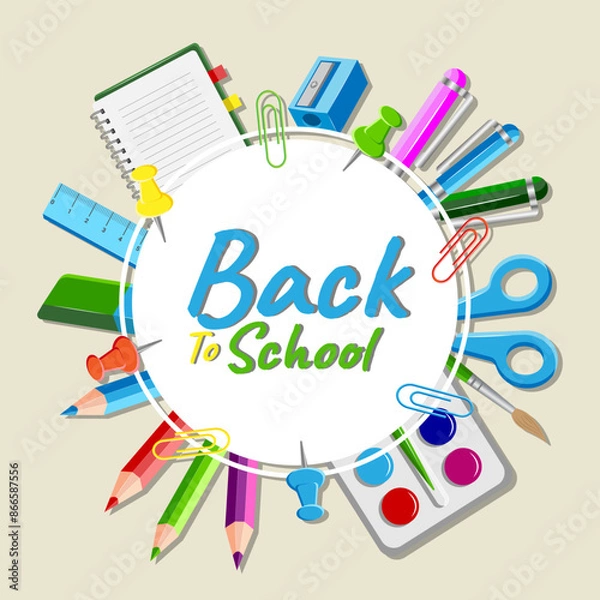 Fototapeta Back to School Round Design with School Supplies and Lettering on Brown Background. Vector Illustration Concept Banner Education with Pen, Pencil, Ruler, Notepad, Paperclip, Paint, Brush, Sharpener.