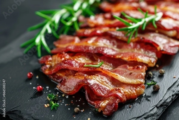 Fototapeta Delicious crispy bacon with rosemary and spices is waiting to be eaten