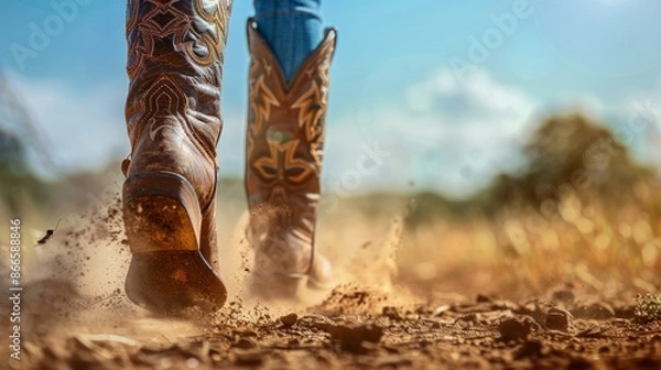Obraz Close-up of cowboy boots walking on a dusty trail