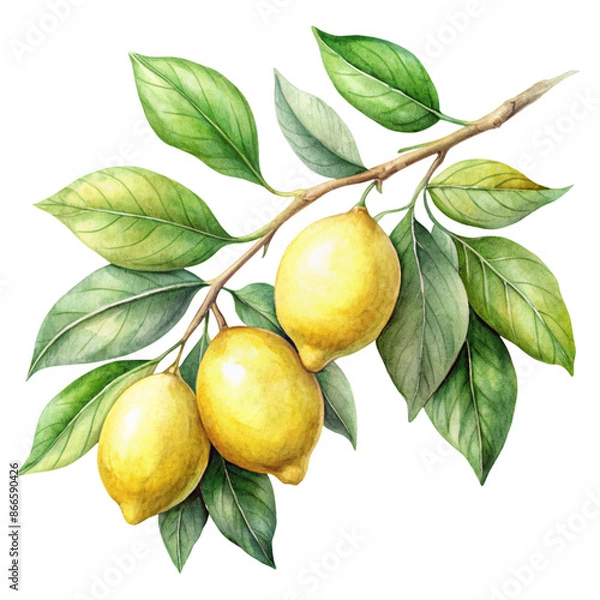 Obraz Fresh Watercolor Lemon Branch | Citrus Branch | Hand-Drawn Style | Transparent Background PNG | Clipart