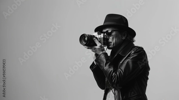 Obraz A monochrome portrait of a photographer, capturing moments in timeless elegance, isolated on a white background.
