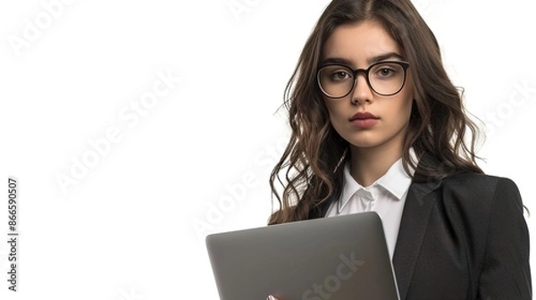 Obraz A professional businesswoman with a laptop, exuding confidence in her suit, isolated on a white background.