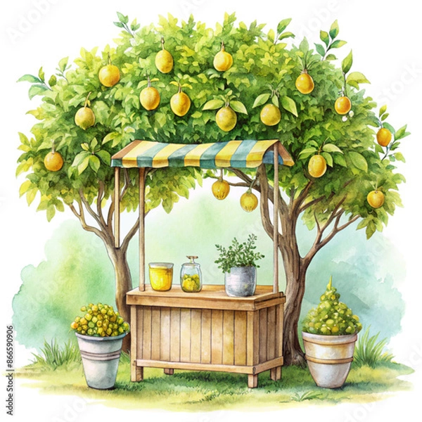 Obraz Fresh Watercolor Lemonade Stand | Lemon Drink | Hand-Drawn Style | Transparent Background PNG | Clipart