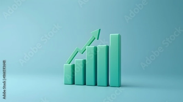 Fototapeta 3D green bar chart with an upward arrow on a blue background, symbolizing growth, success, and financial progress.