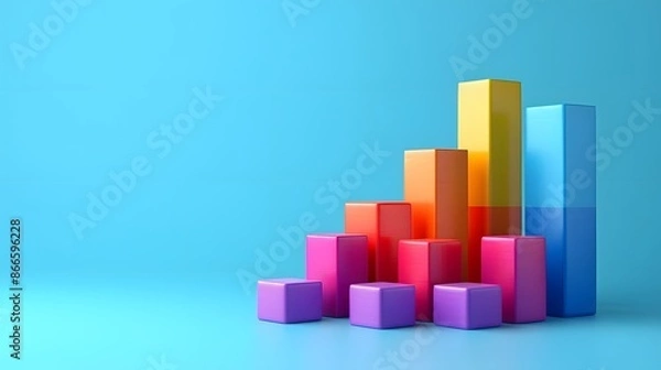 Fototapeta Colorful 3D bar graph illustration on blue background representing data analysis, statistics, growth, and business performance.
