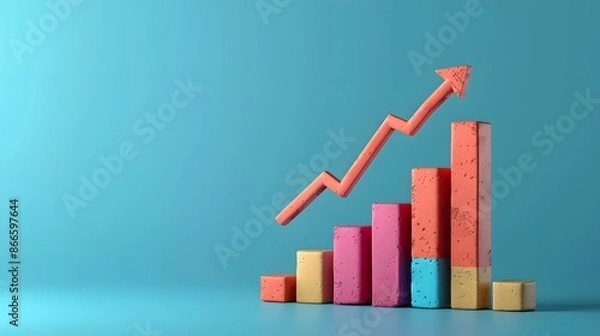 Fototapeta Colorful bar chart with upward arrow on blue background symbolizing business growth, success, and positive trends in finance or statistics.